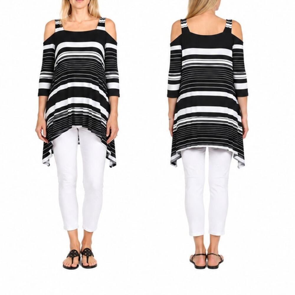 Chico’s Cold Shoulder Hi-Low Striped Tunic Black White Size 2 Large Flowy Casual